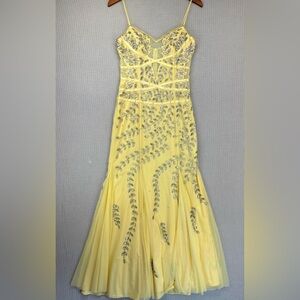 Vintage Cache Yellow Beaded Evening Gown Women L- Maxi Sleeveless Cocktail Sheer